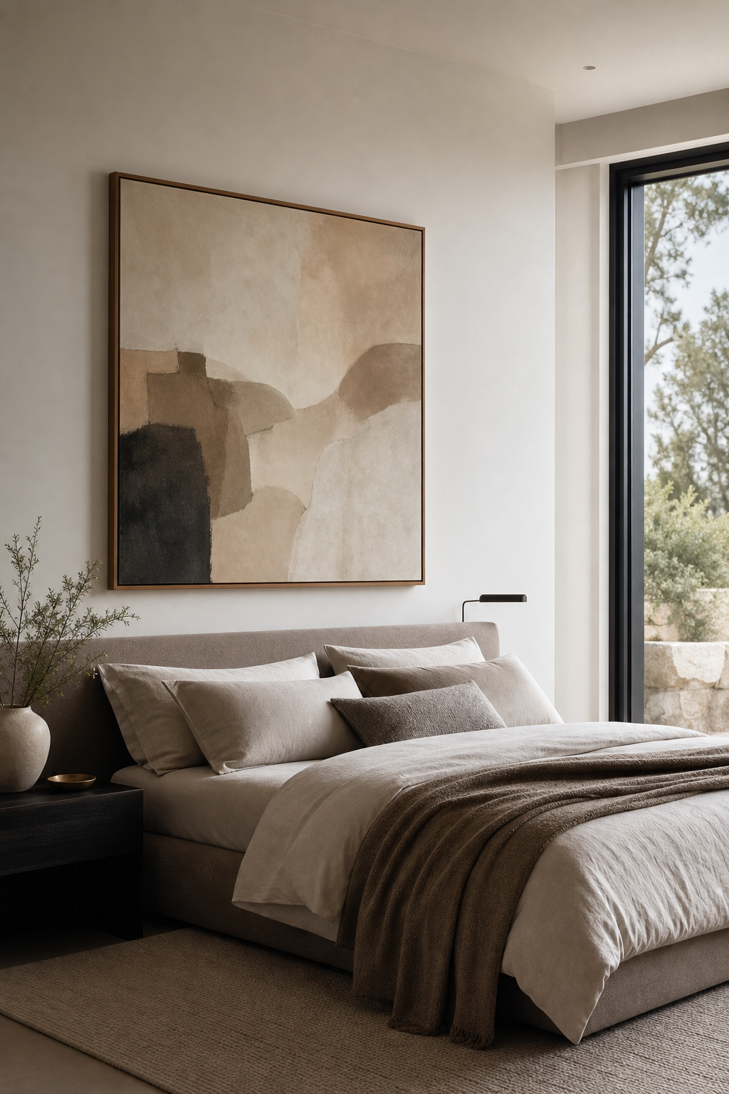Large uncluttered artwork above a simple upholstered bedroom
