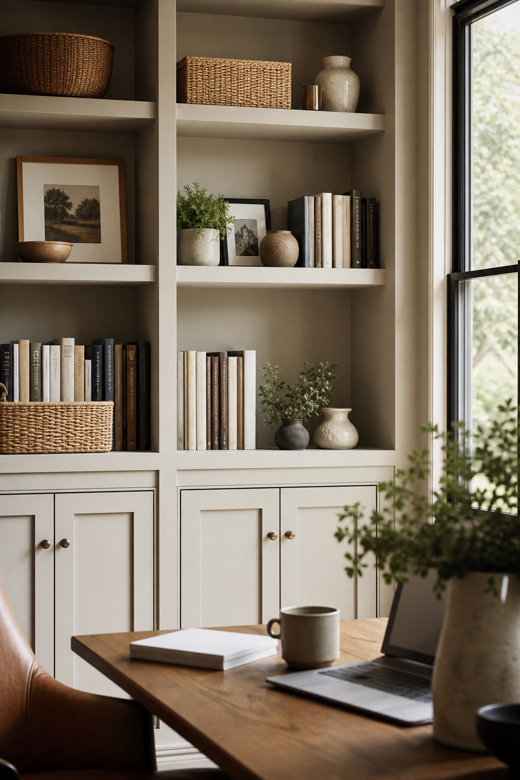 Home office shelves with books, baskets, ceramics, framed art, negative space, desk in foreground
