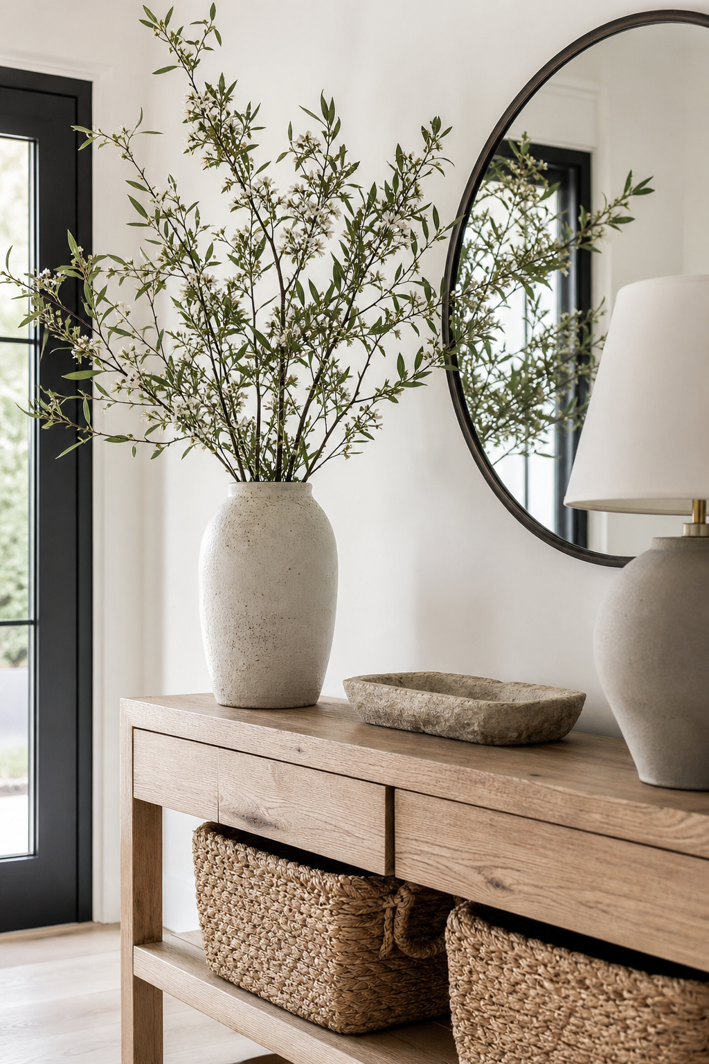 Entryway console with tall ceramic vase of fresh branches