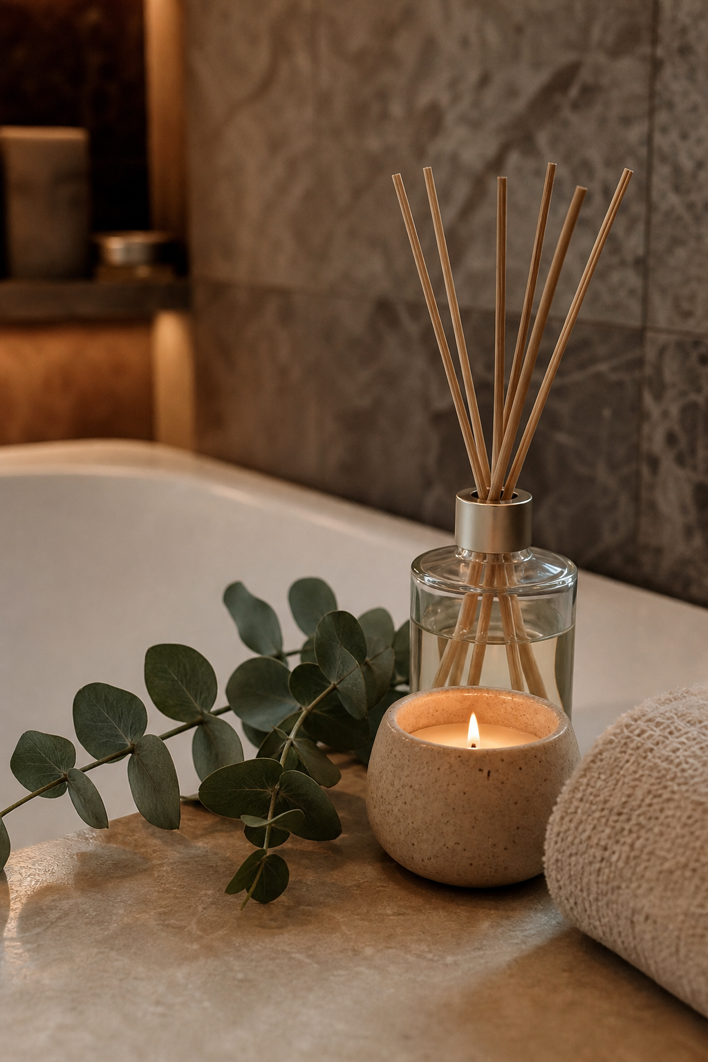 Bathroom tub ledge with candle diffuser eucalyptus and towel