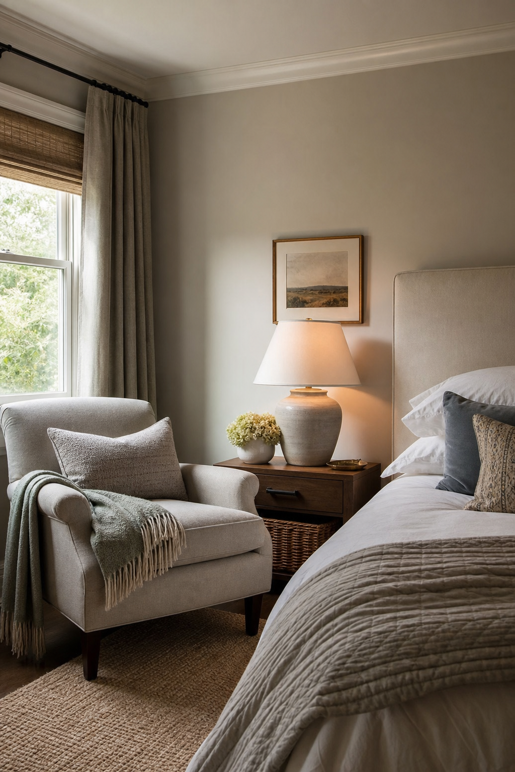 Guest bedroom with small comfortable chair, side table, lamp, bed nearby, soft cozy retreat styling
