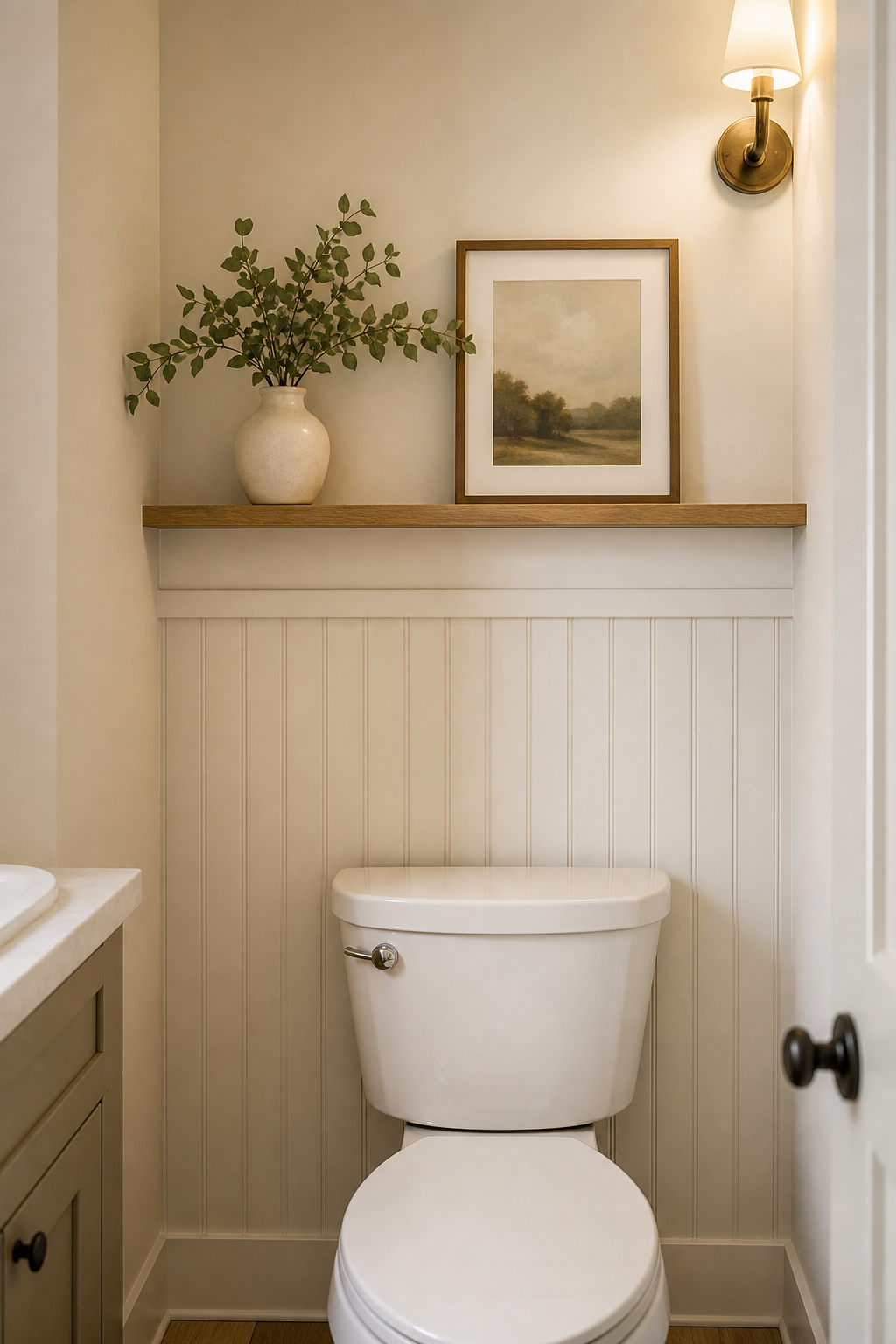 Compact powder room toilet wall with beadboard, small framed art, narrow shelf, and ceramic vase