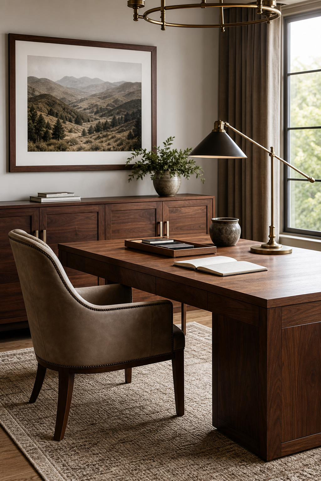 Considered home office with walnut desk and refined storage