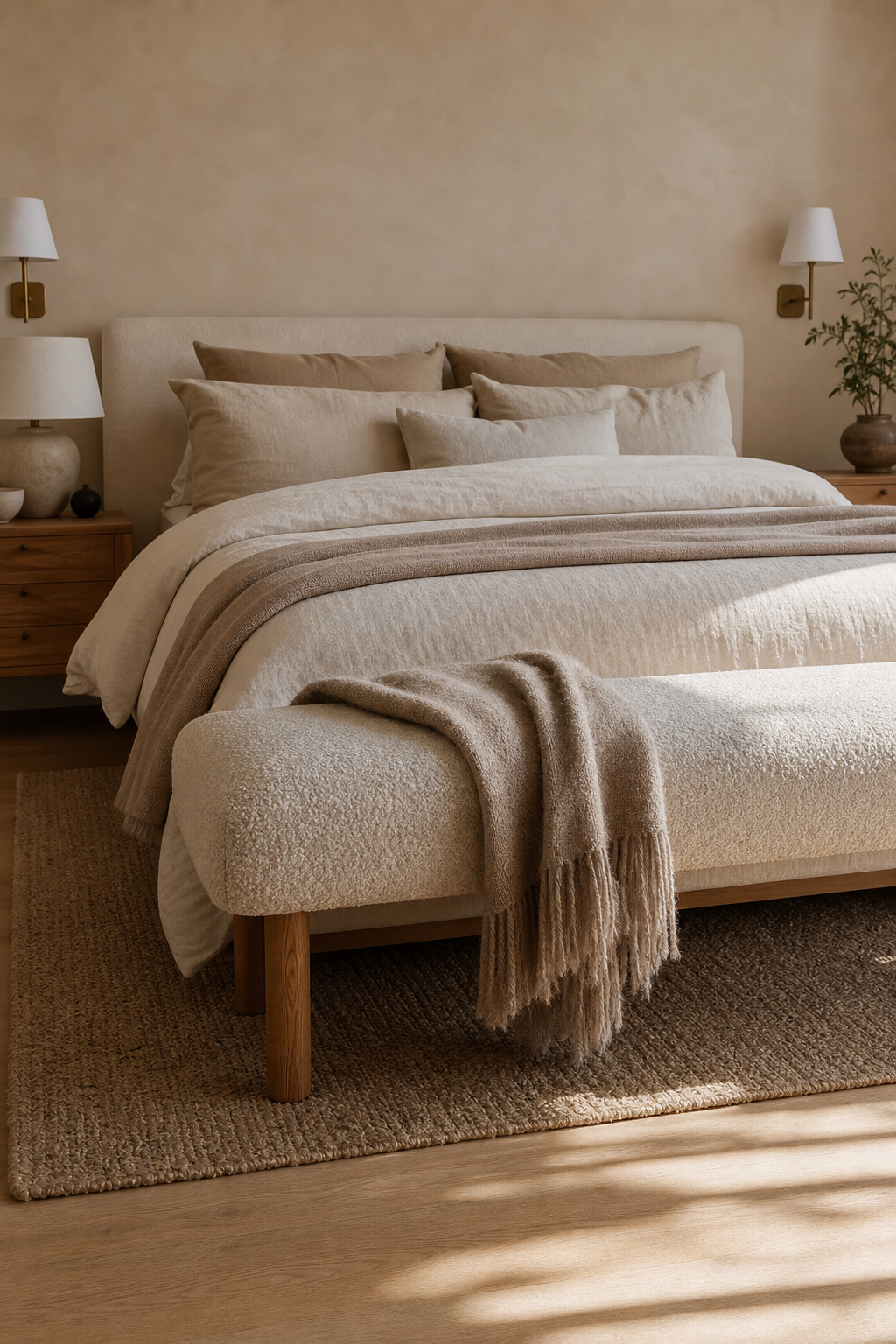 Minimalist bedroom with textured boucle bench at the foot of the bed