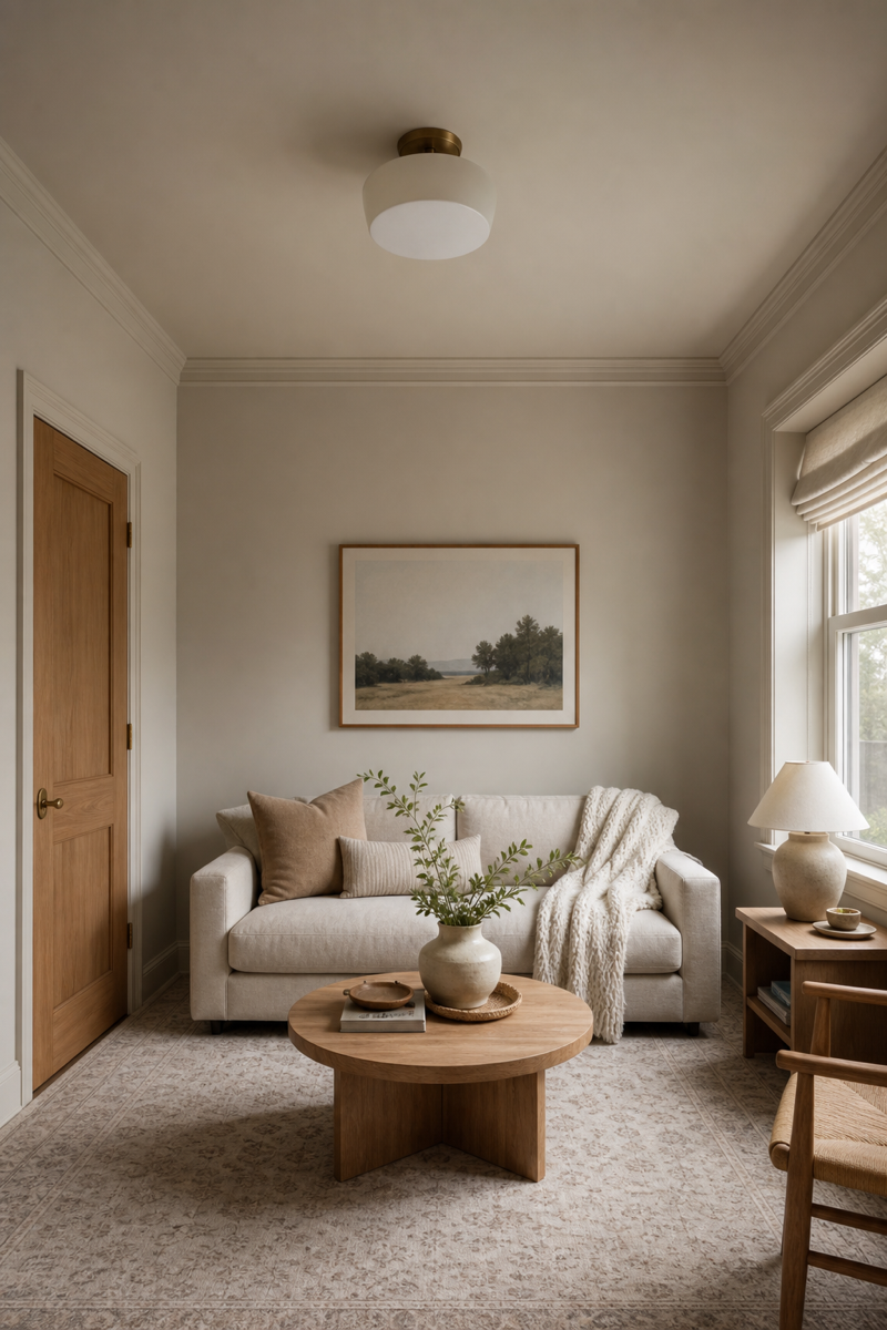 Small room makeover with walls and trim painted the same soft color