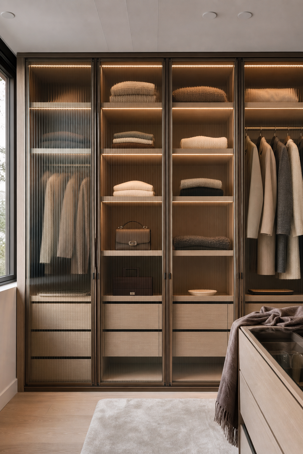 tall mirror doors in a neat stylish closet interior