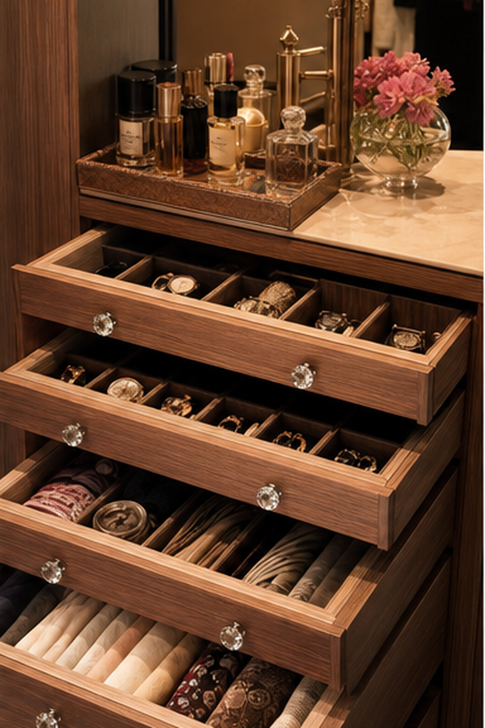 Drawer Tower Centerpiece for small walk-in closet ideas