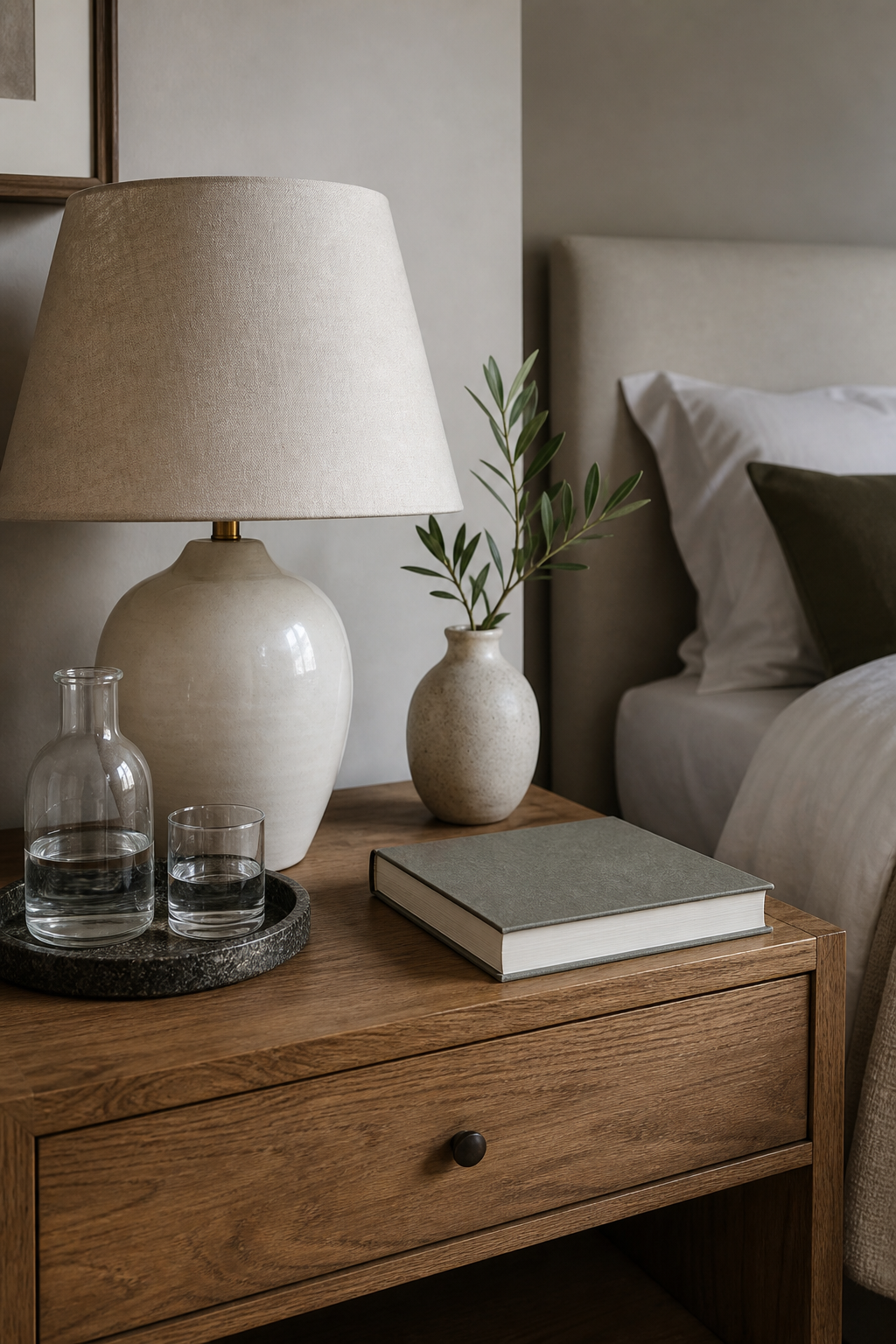 Cozy bedroom nightstand with ceramic lamp, stone tray, book, and simple vase