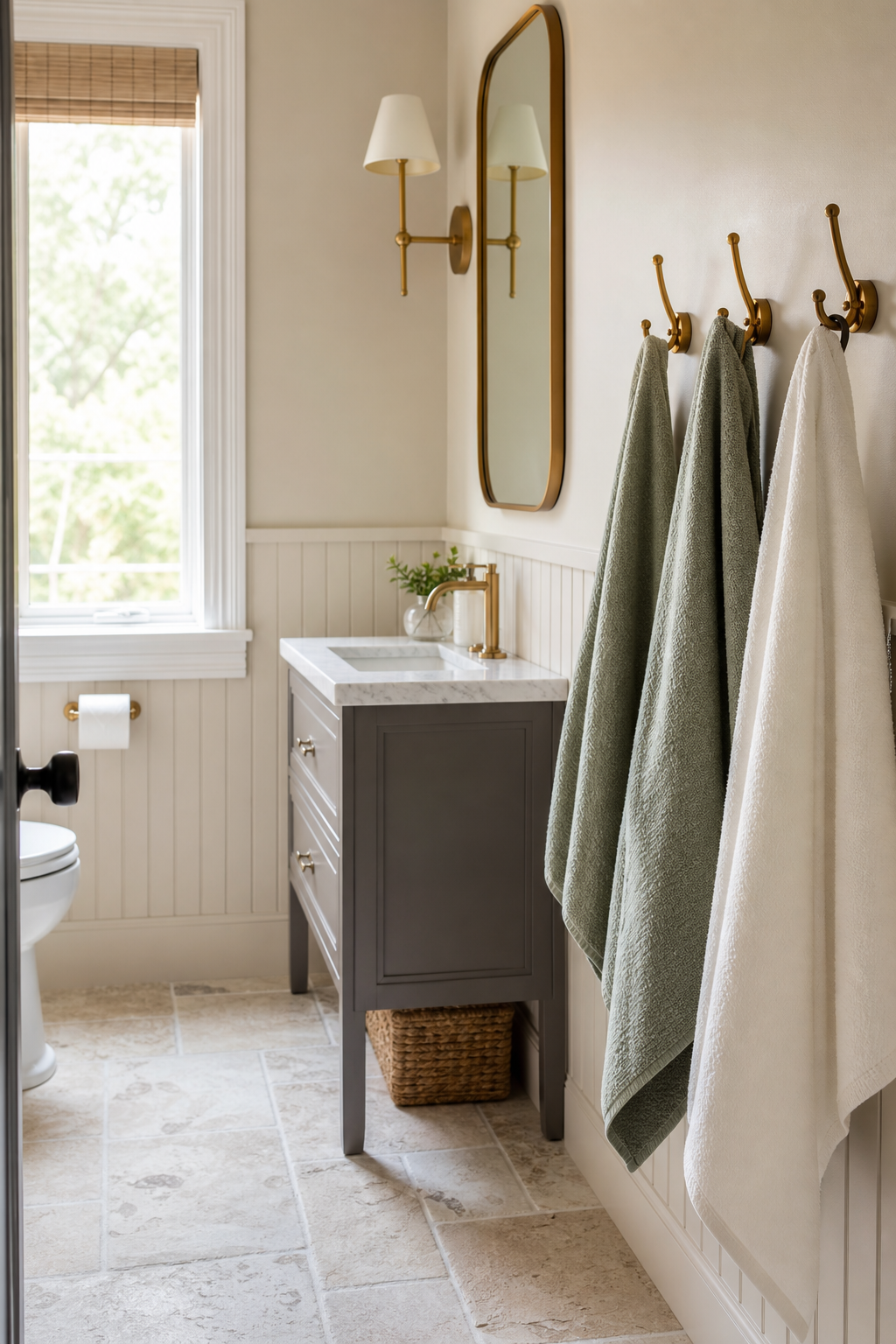 Add wall hooks instead of towel bar in a spa-like guest bathroom