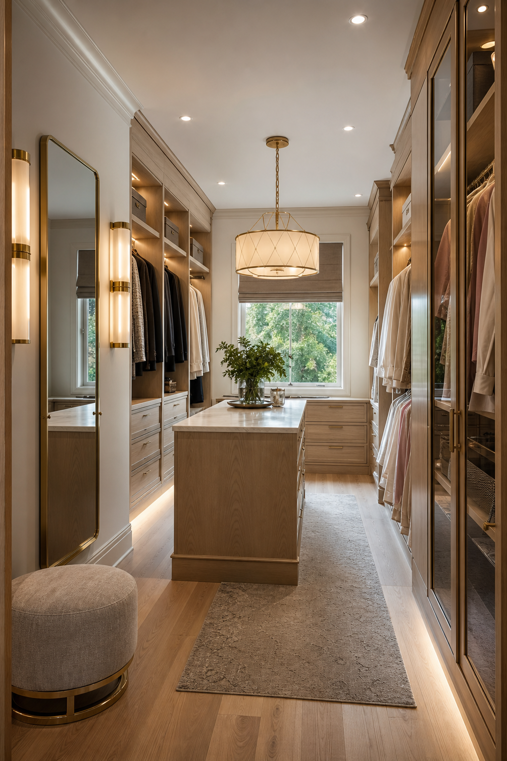 Luxury dressing room closet with recessed lights, illuminated shelves, pendant lighting, and mirror sconces