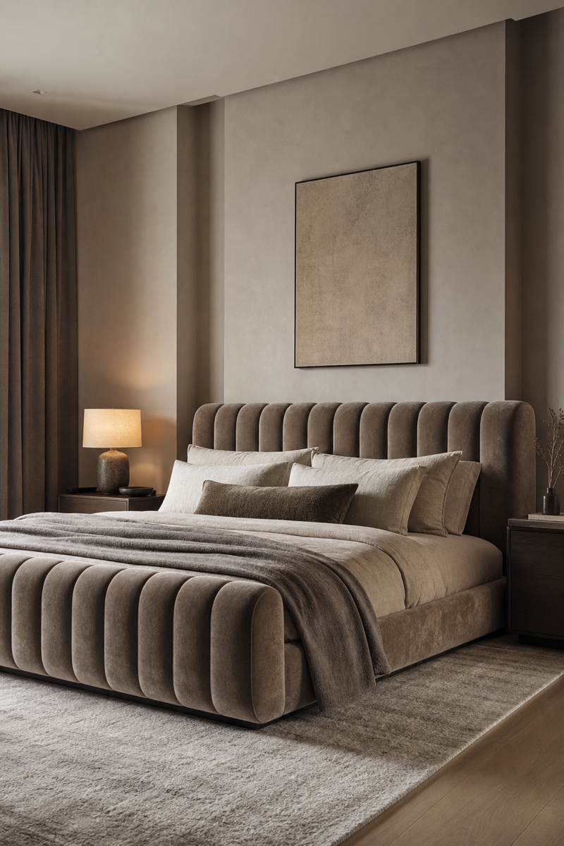 Quiet luxury bedroom with statement channel-tufted bed frame