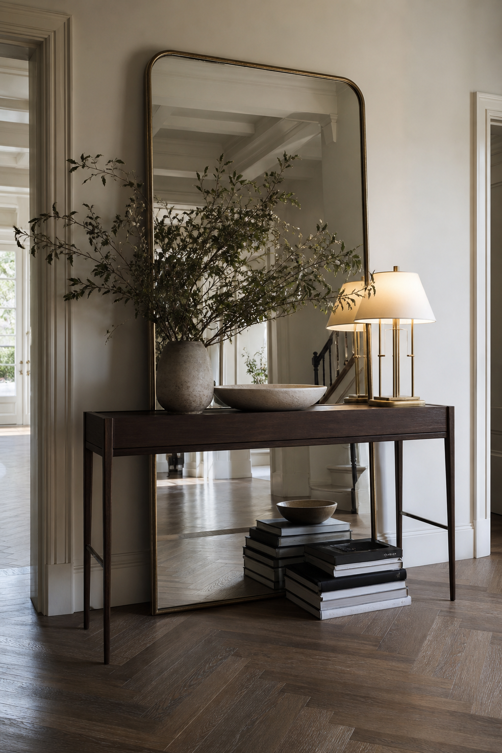 Standing mirror layered behind a slim console table