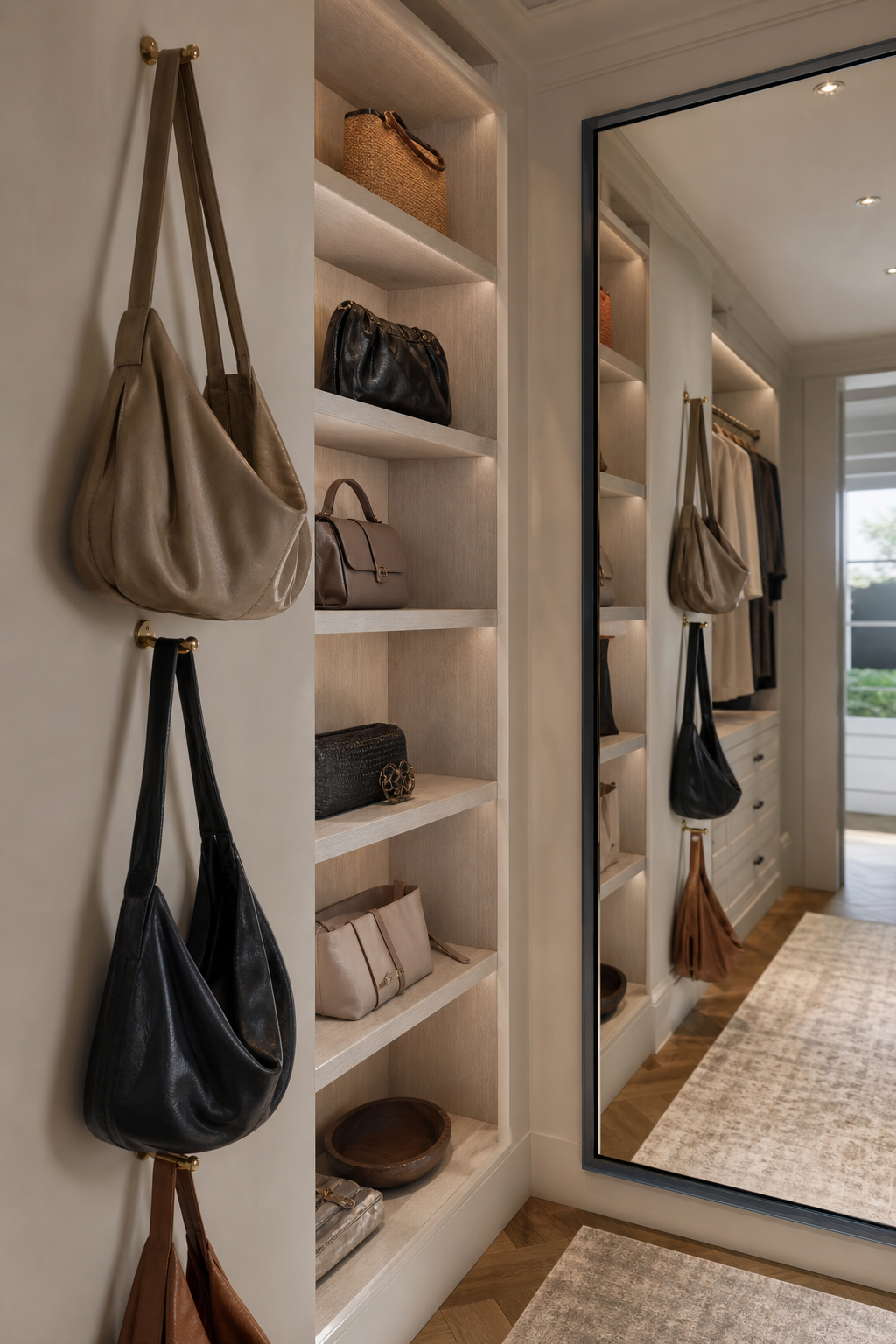 Add Hooks For Slouchy Bags in a neat stylish handbag closet