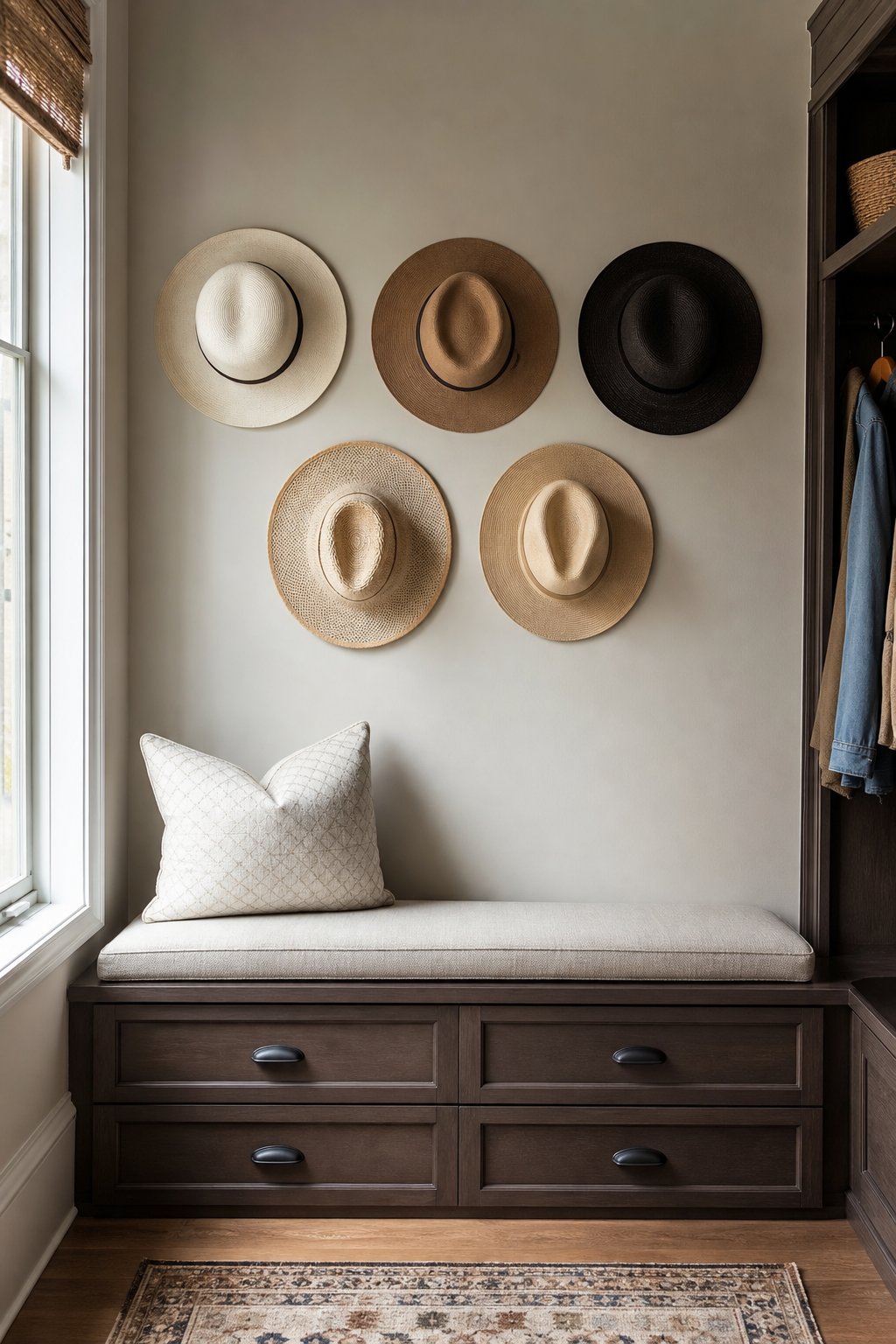 Display Statement Hats Above A Bench for neat stylish hat storage