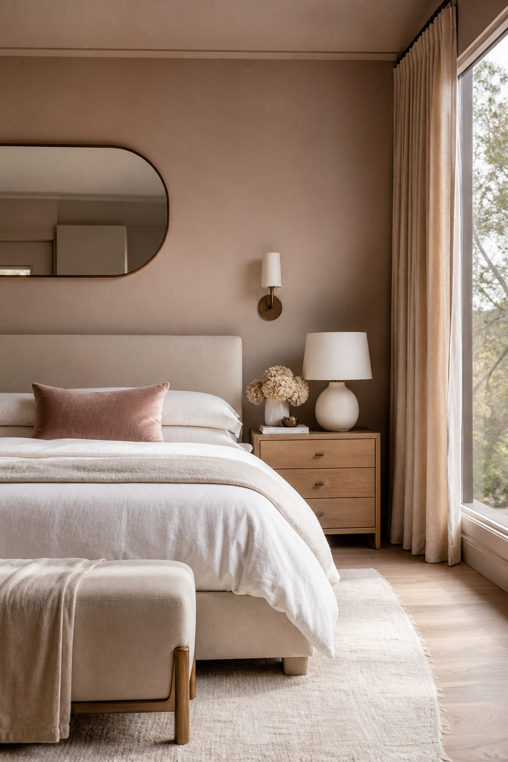 Blush beige bedroom with soft white bedding, oak nightstands, and linen drapery