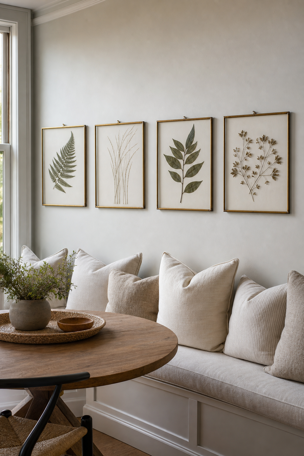 Framed botanical pressings on wall