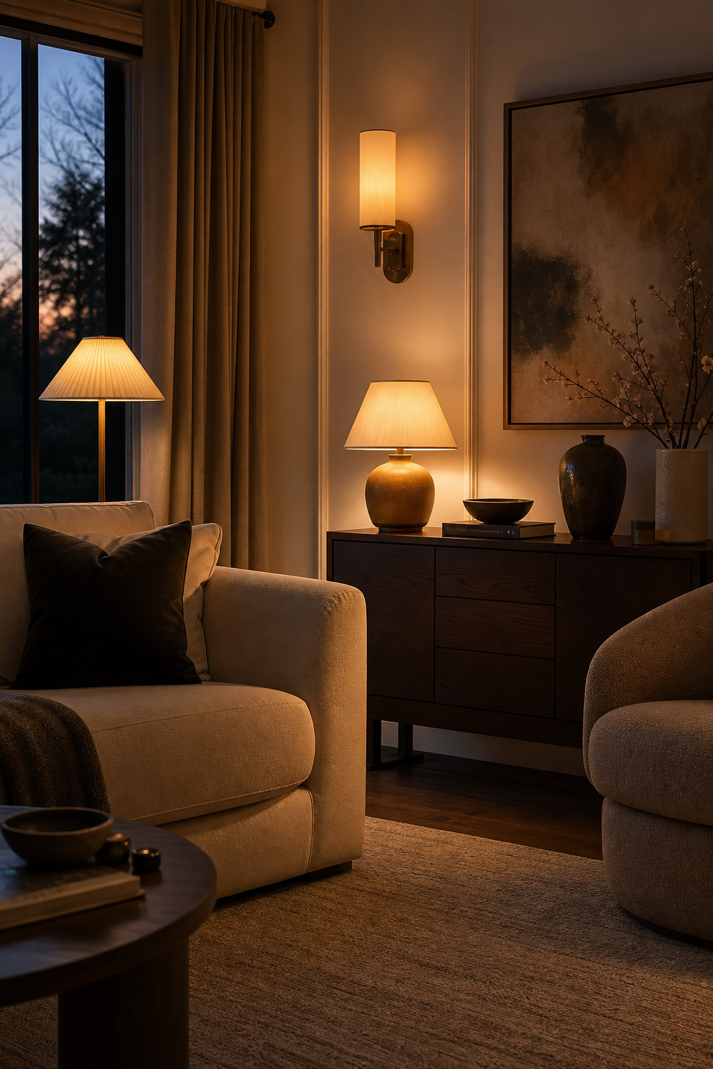 Aesthetic living room with warm layered evening lighting