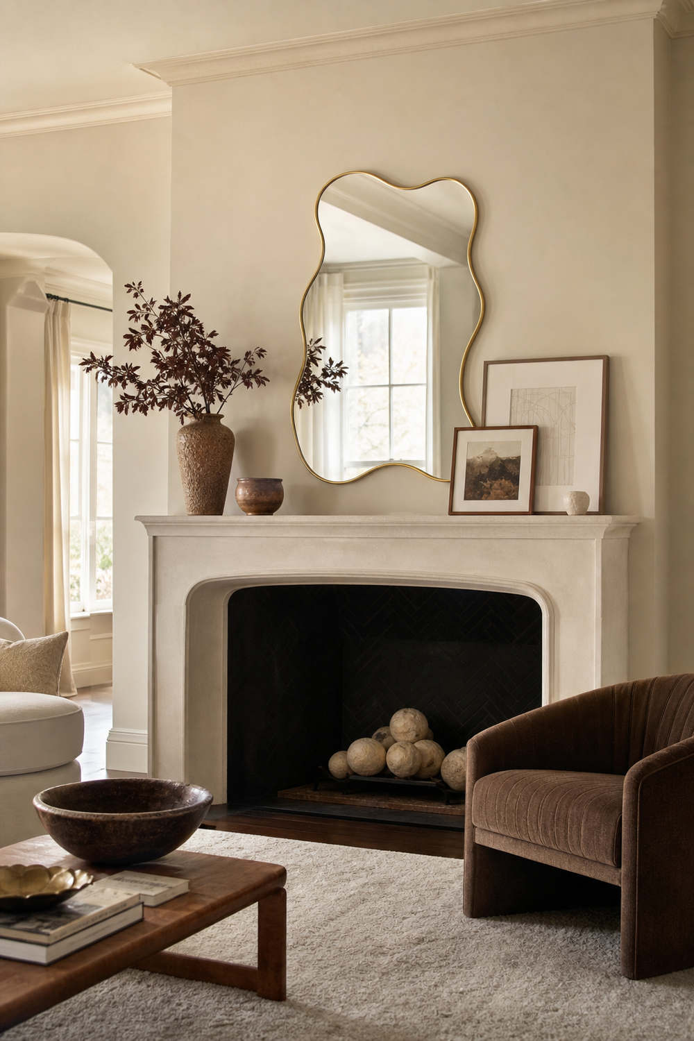 Make A Fireplace Wall Feel Less Formal for wavy mirror ideas
