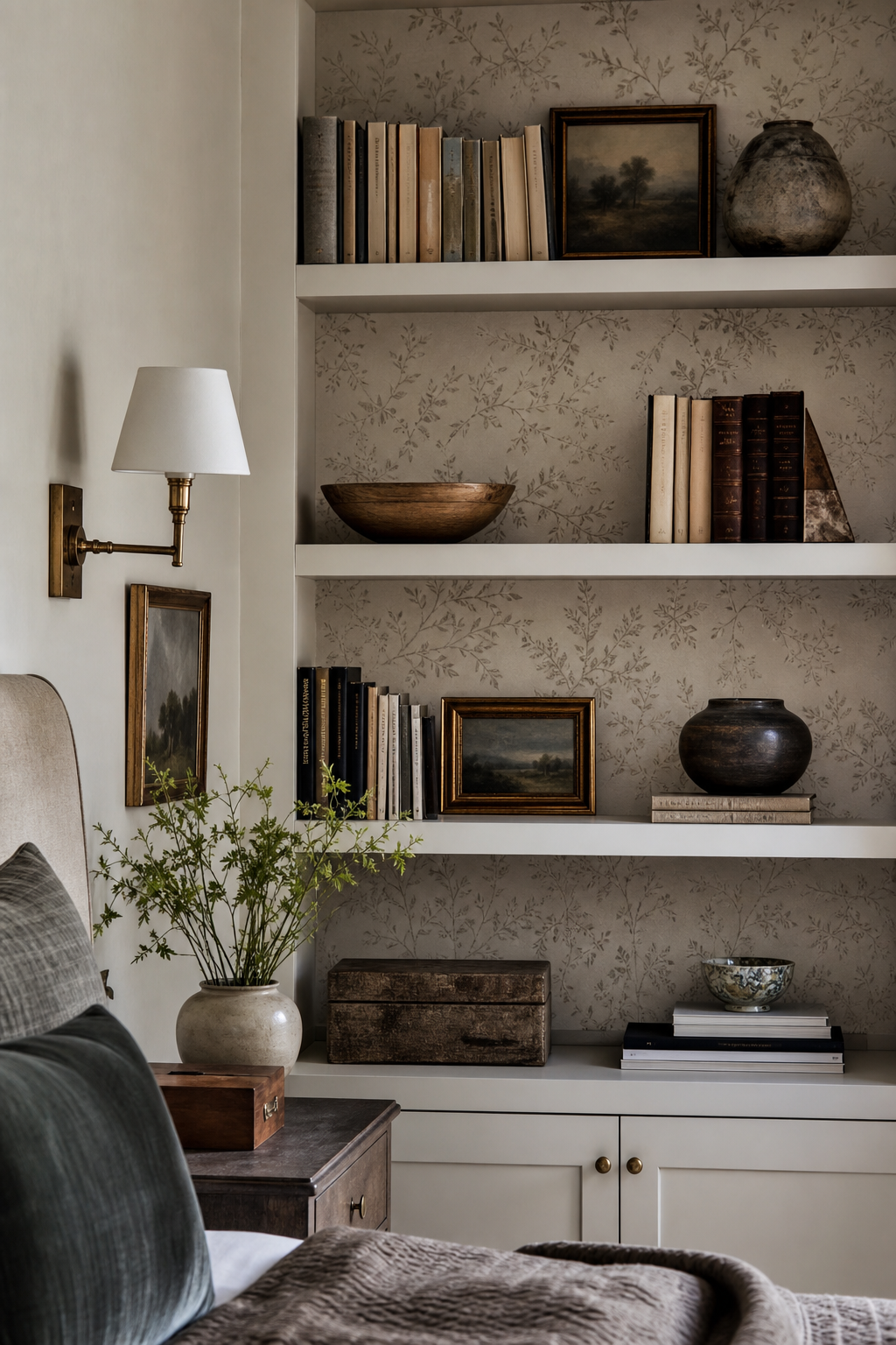 Wallpaper behind open shelves