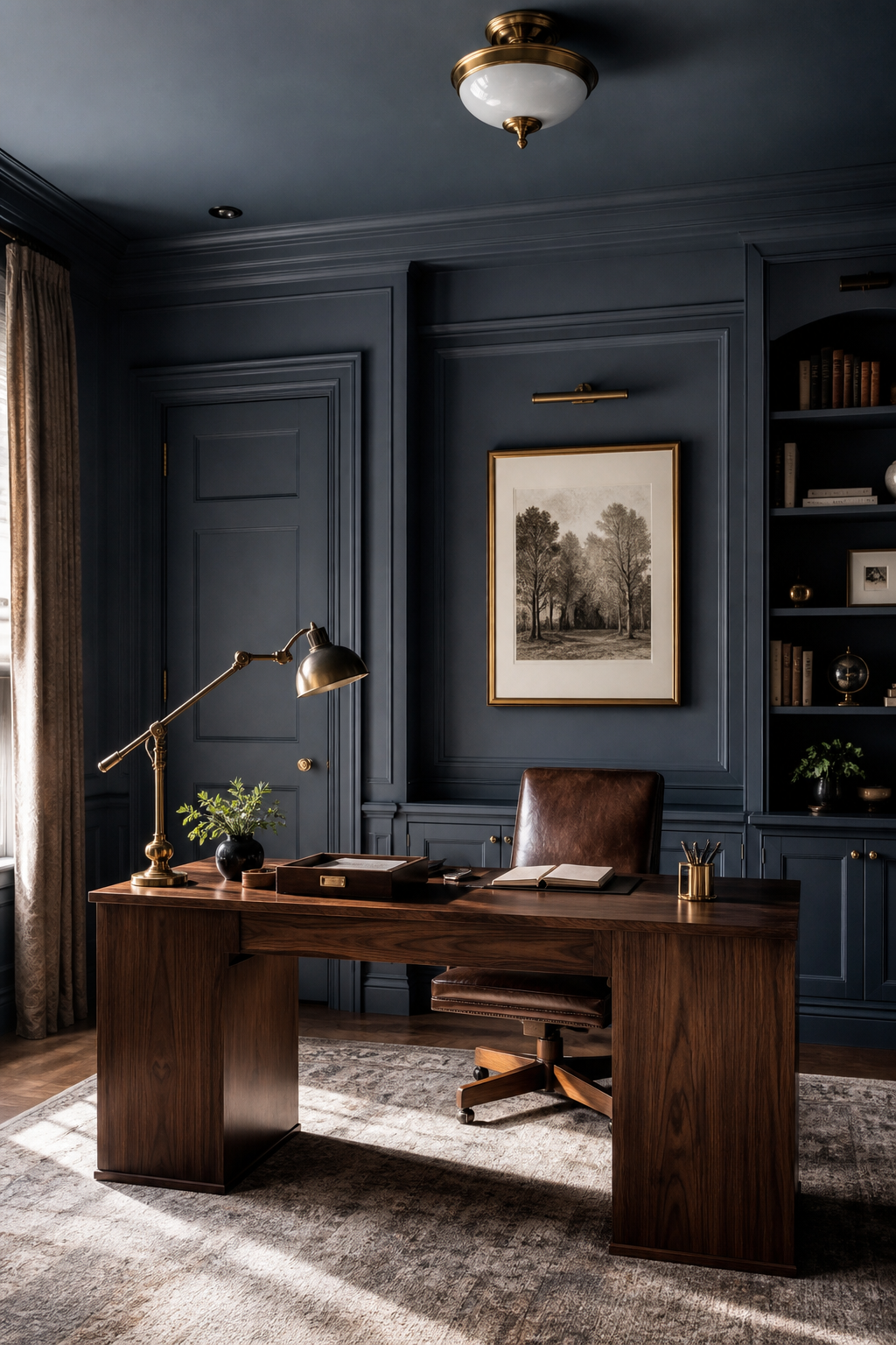 Moody home office painted smoky blue with walnut desk and brass lighting