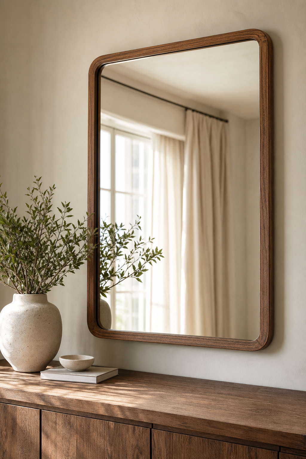 Warm wood mirror reflecting soft window light in an aesthetic room