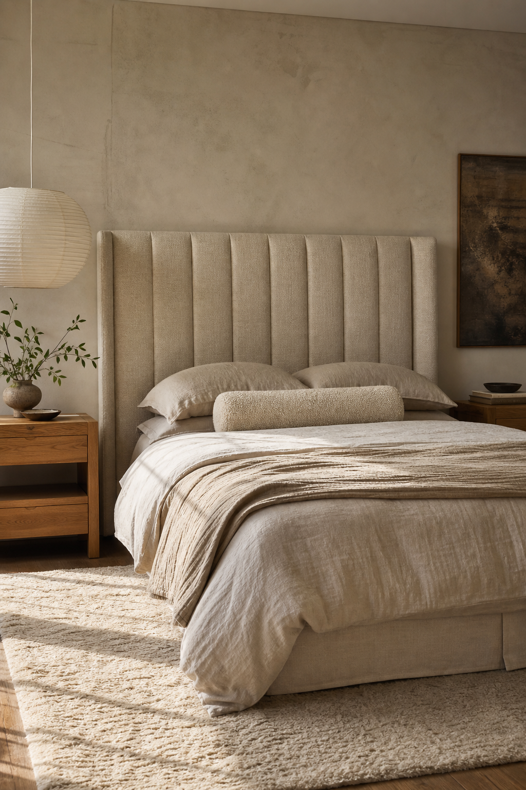 Earthy bedroom with tall linen textured headboard, neutral bedding, and paper pendant light