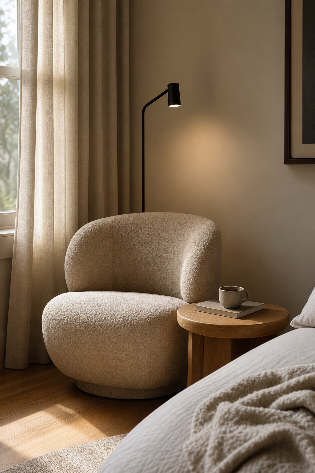 Minimal bedroom reading corner with boucle chair, slim floor lamp, oak side table, and linen curtains