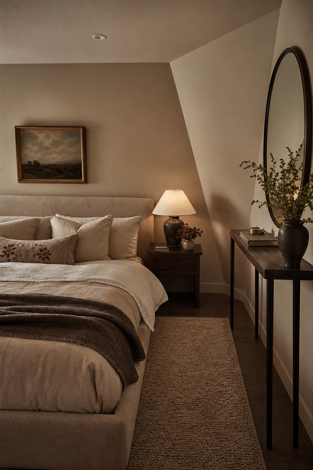 Luxury bedroom with sloped ceiling and angled corner styled with accent chair, floor lamp, vintage rug, and linen bedding