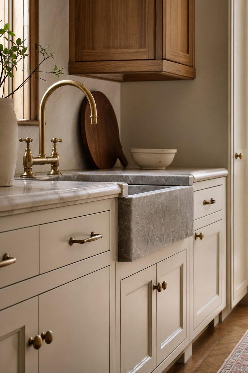 Kitchen with warm brass hardware and soft metal fixtures
