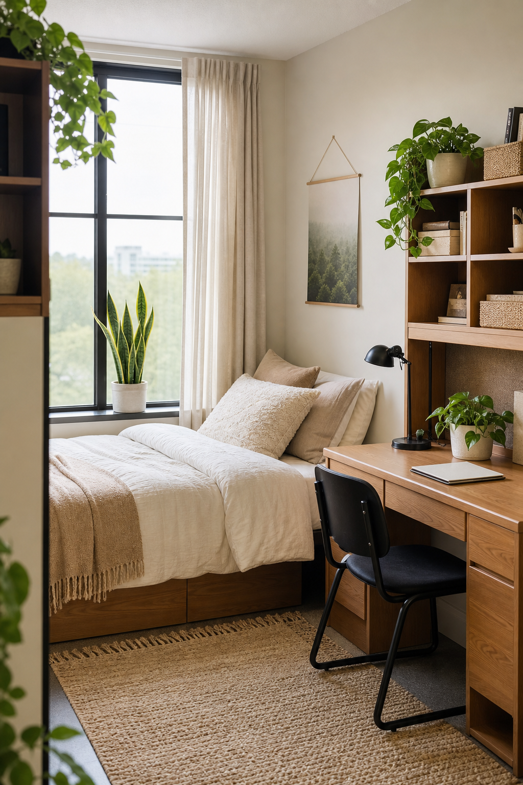 Dorm room with easy-care plants, neutral bedding, desk, and woven rug