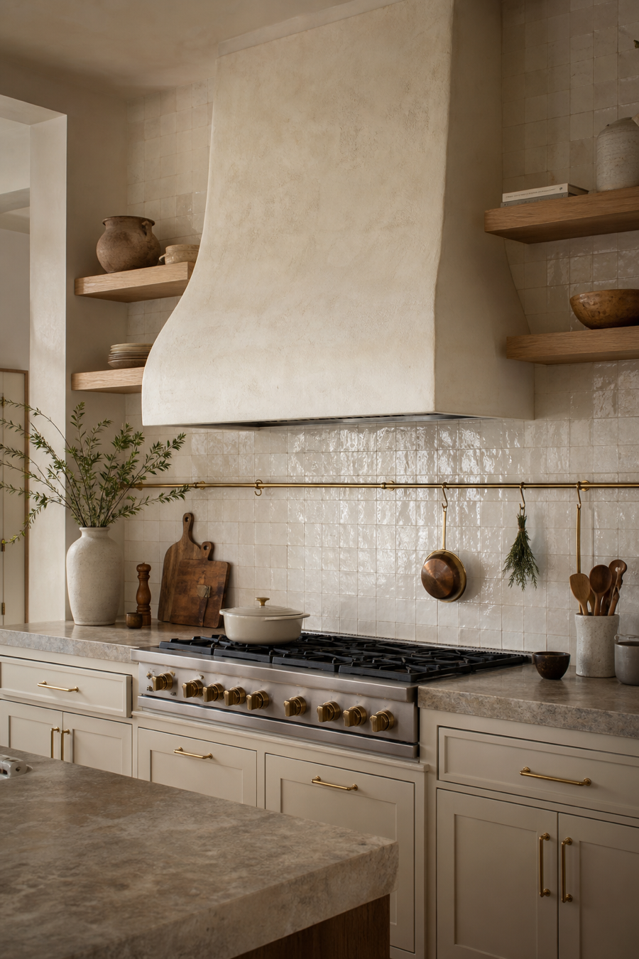 Warm neutral kitchen with plaster range hood focal point