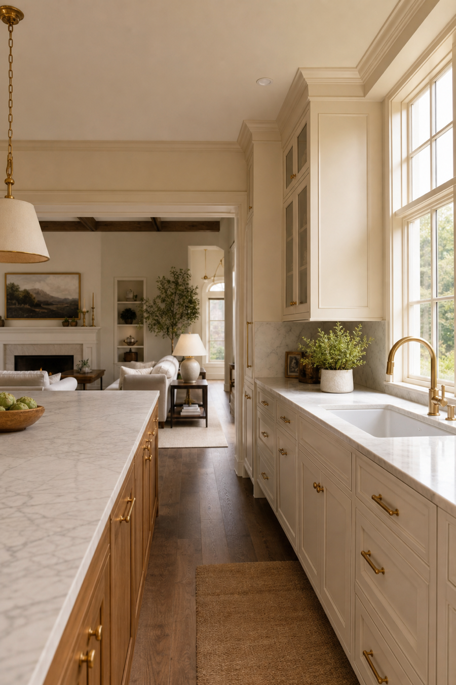 Open kitchen with sink placed away from main living room view