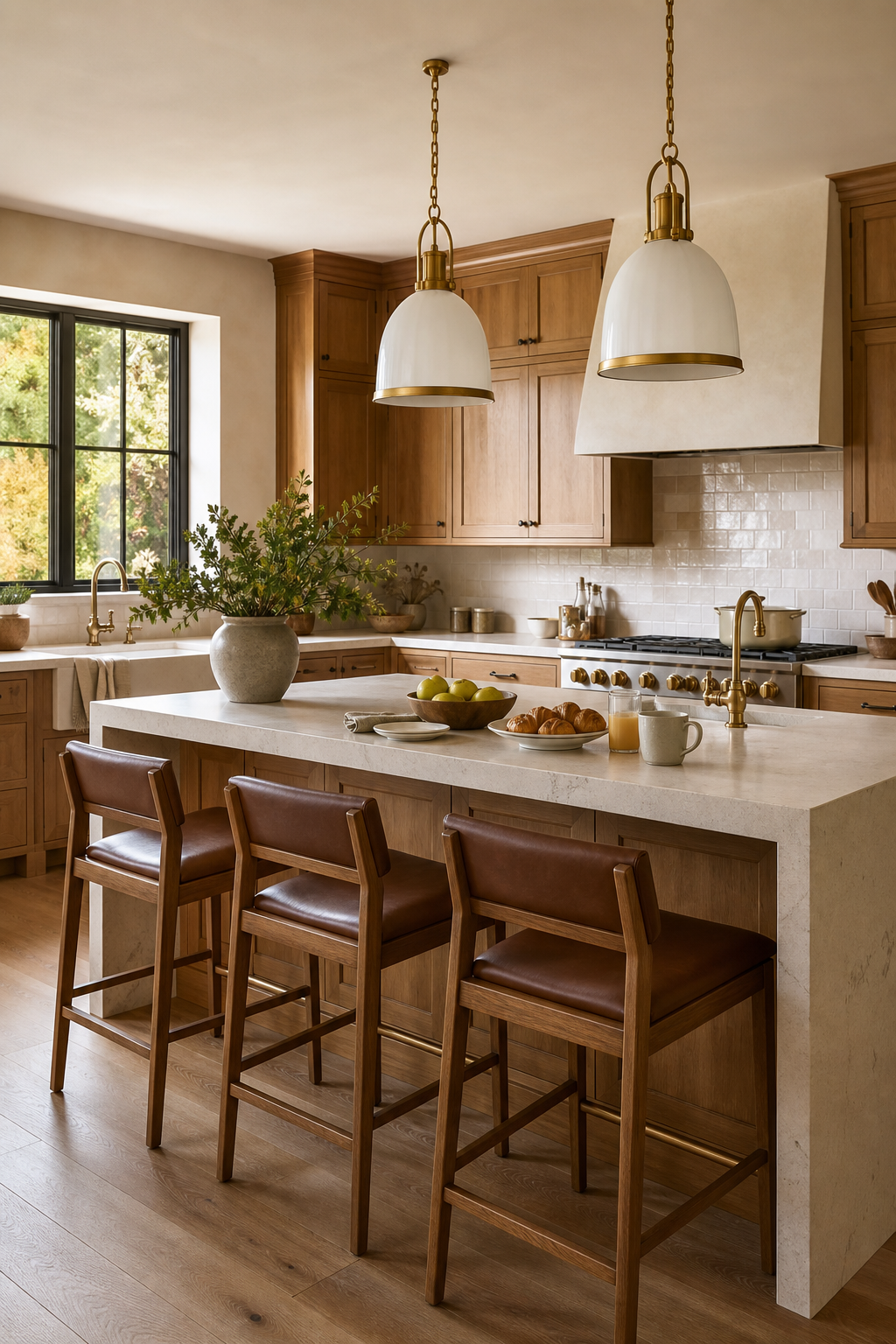Cozy kitchen island with comfortable wood and leather counter stools