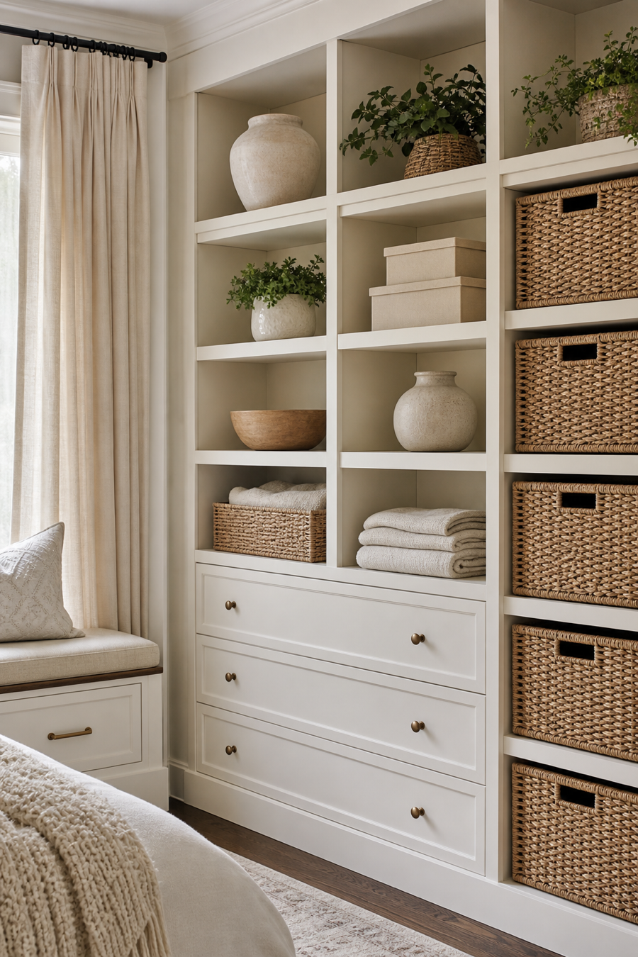 Built-in style storage with baskets and calm decor