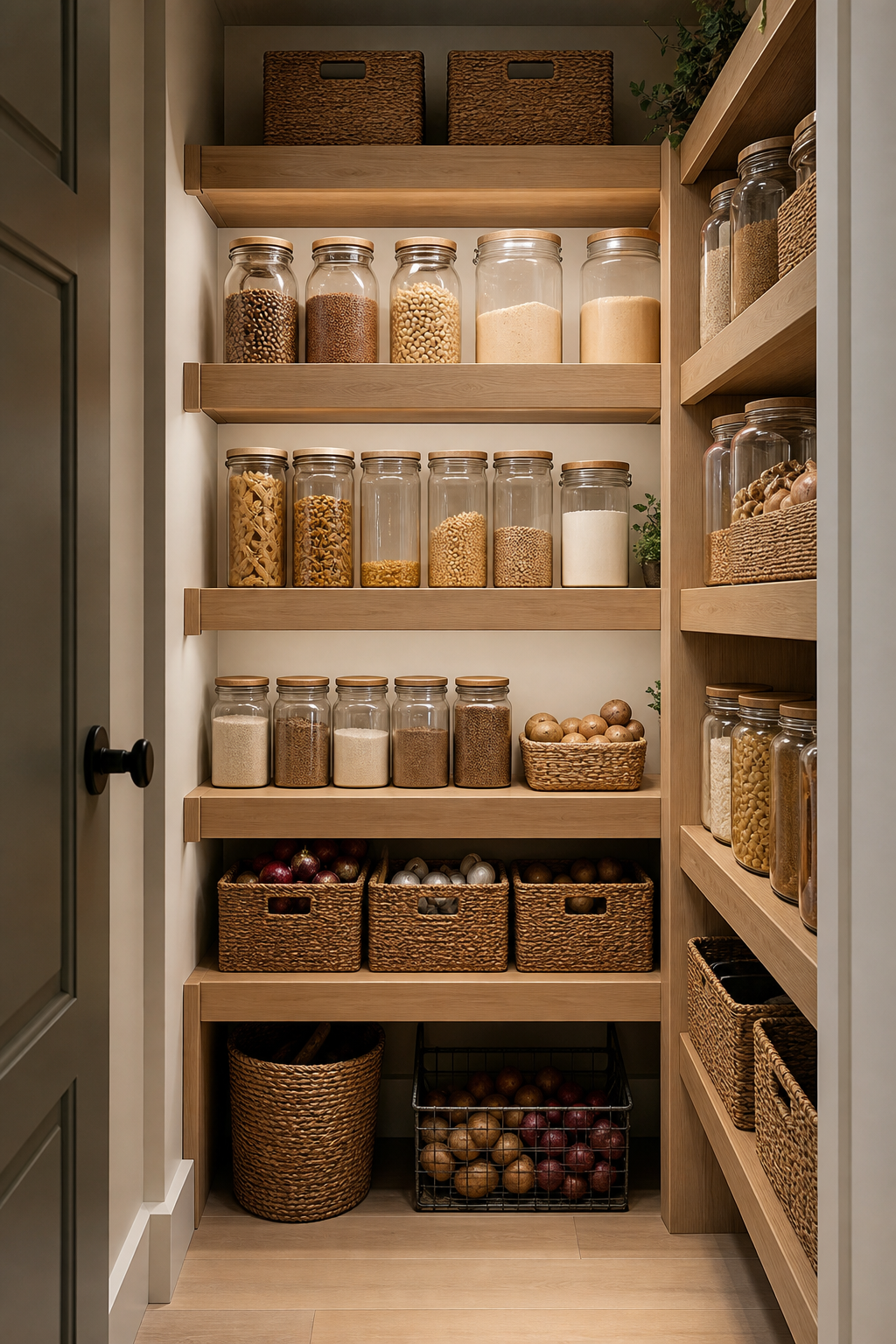 Simple organized kitchen pantry with wood shelves, clear jars, woven bins, and warm lighting