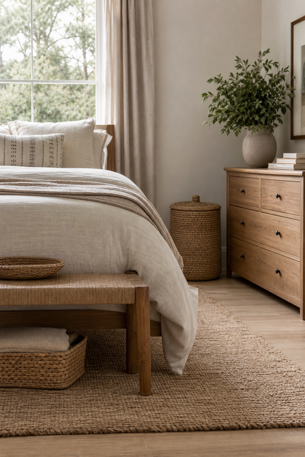 Boho bedroom with practical woven basket storage