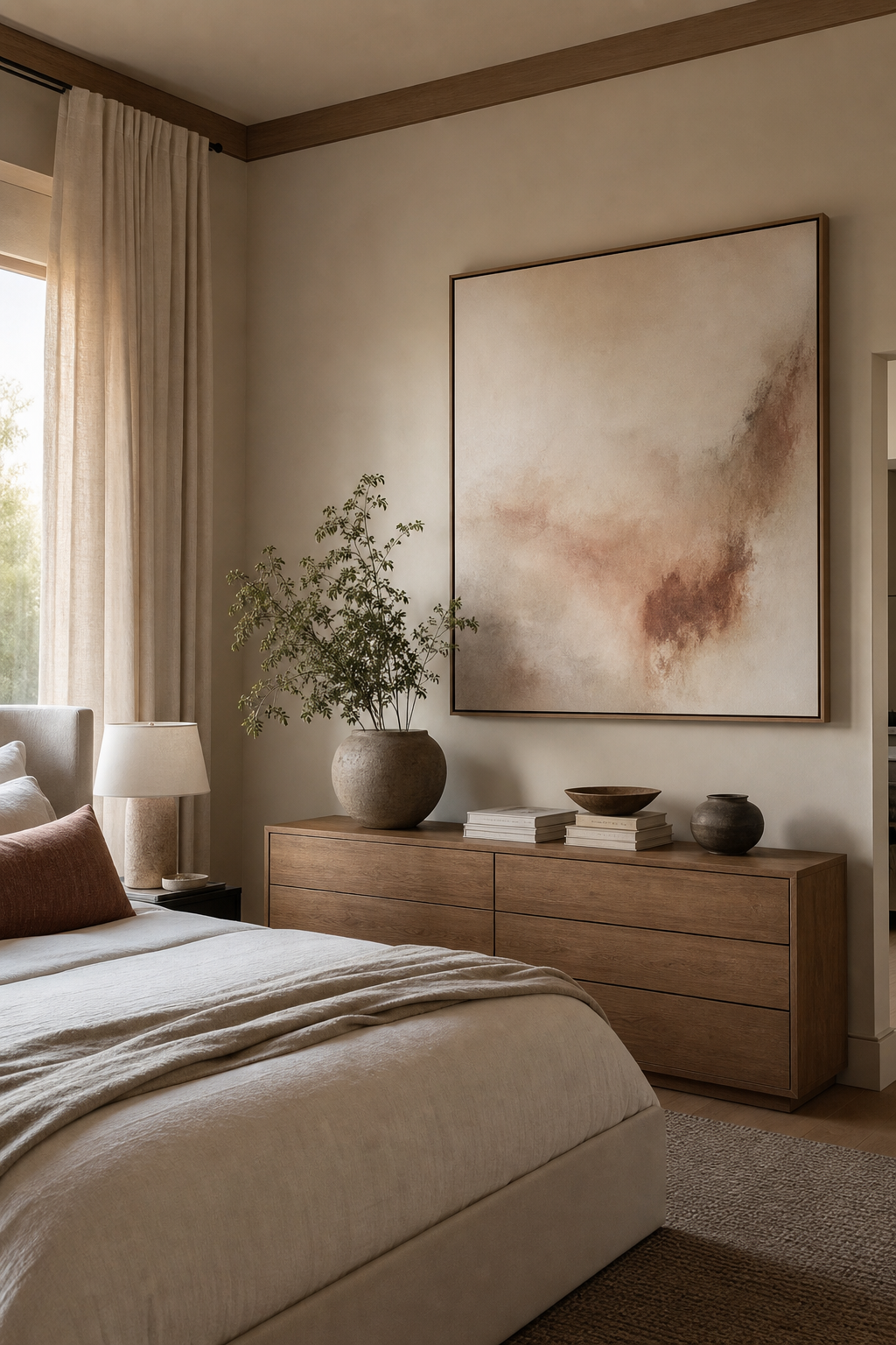 Quiet abstract artwork setting a calm mood in a stylish bedroom