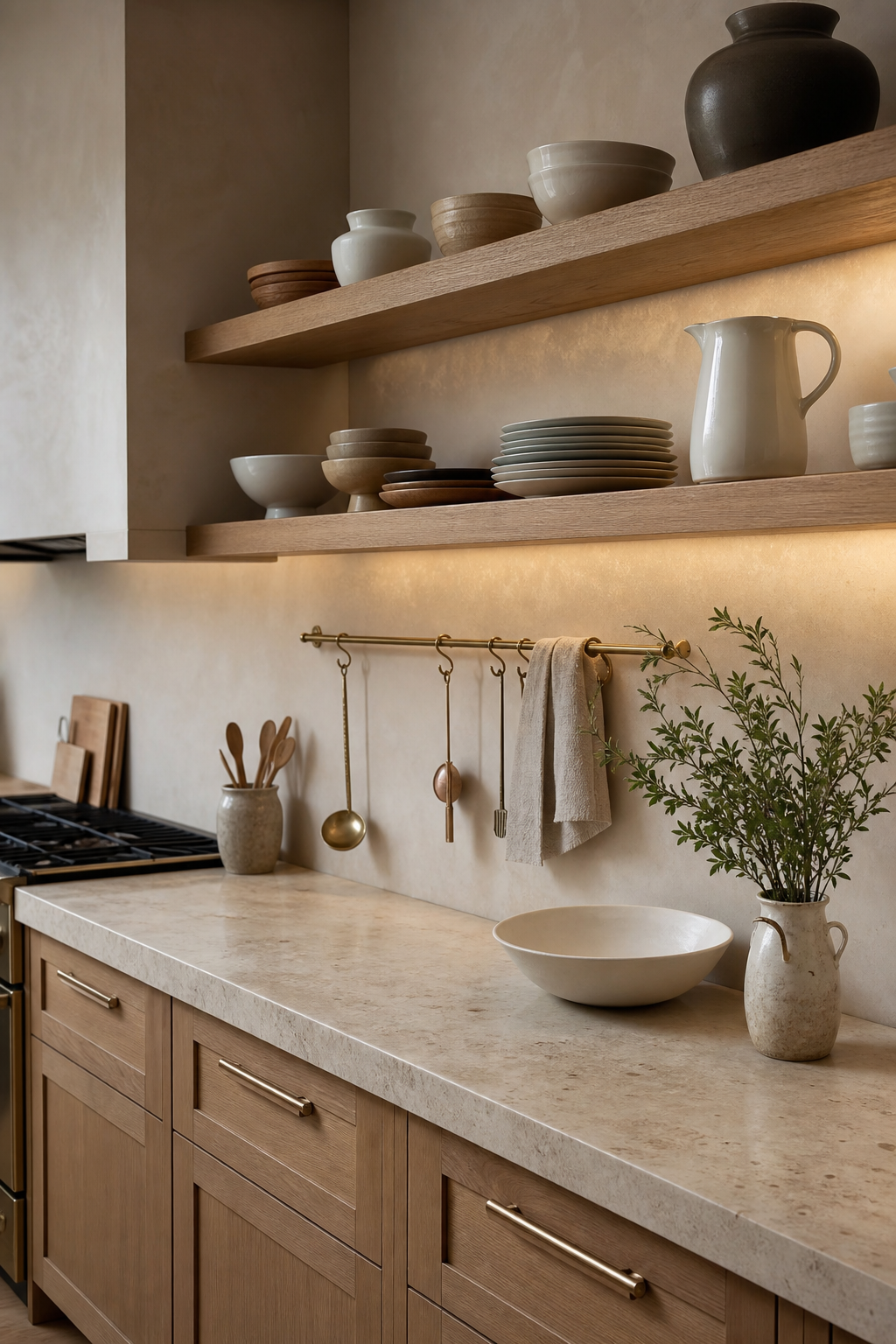 Modern kitchen with white oak open shelves styled with ceramics and glassware