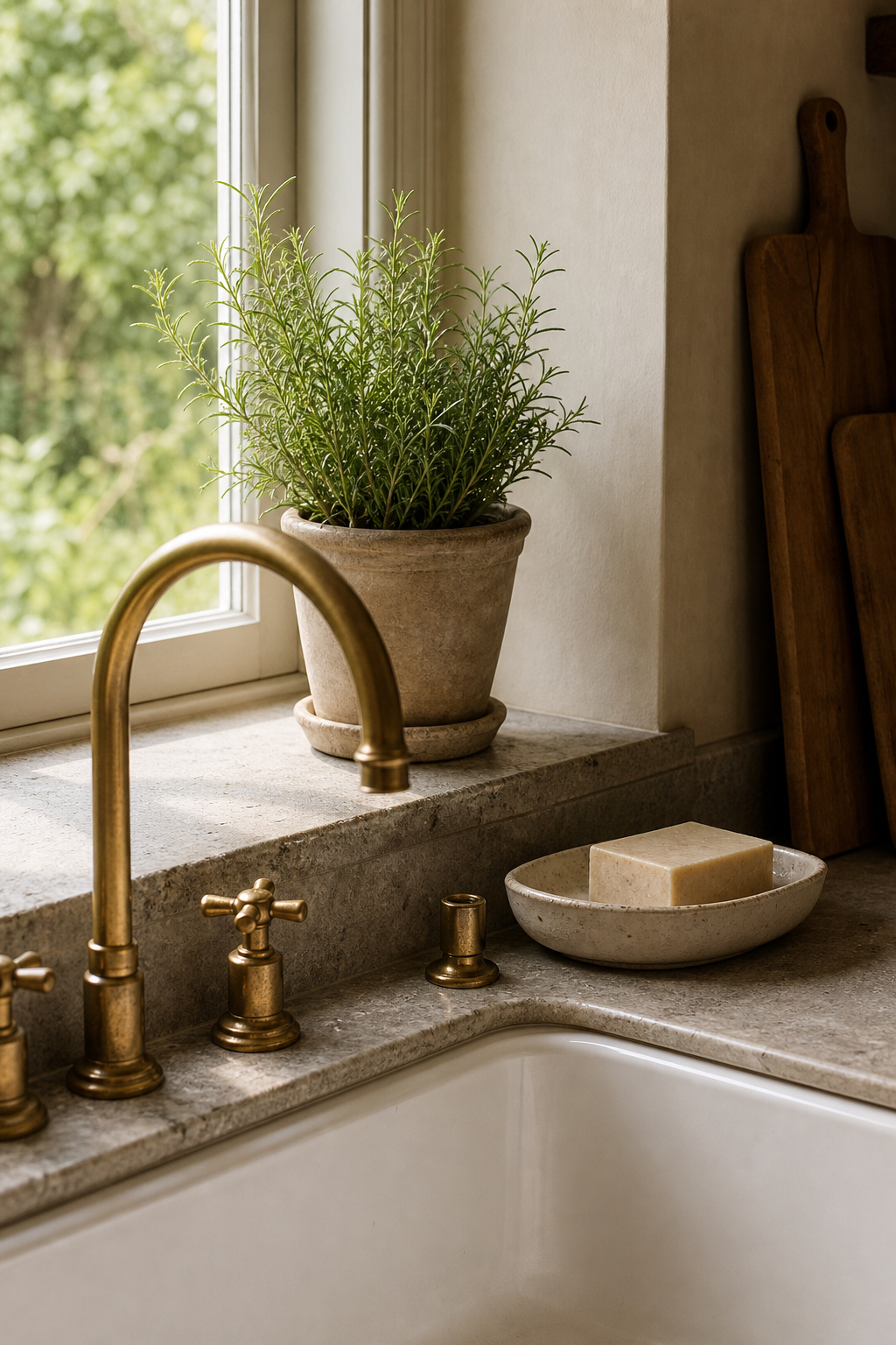 Small kitchen sink area styled with brass faucet and ceramic soap dish