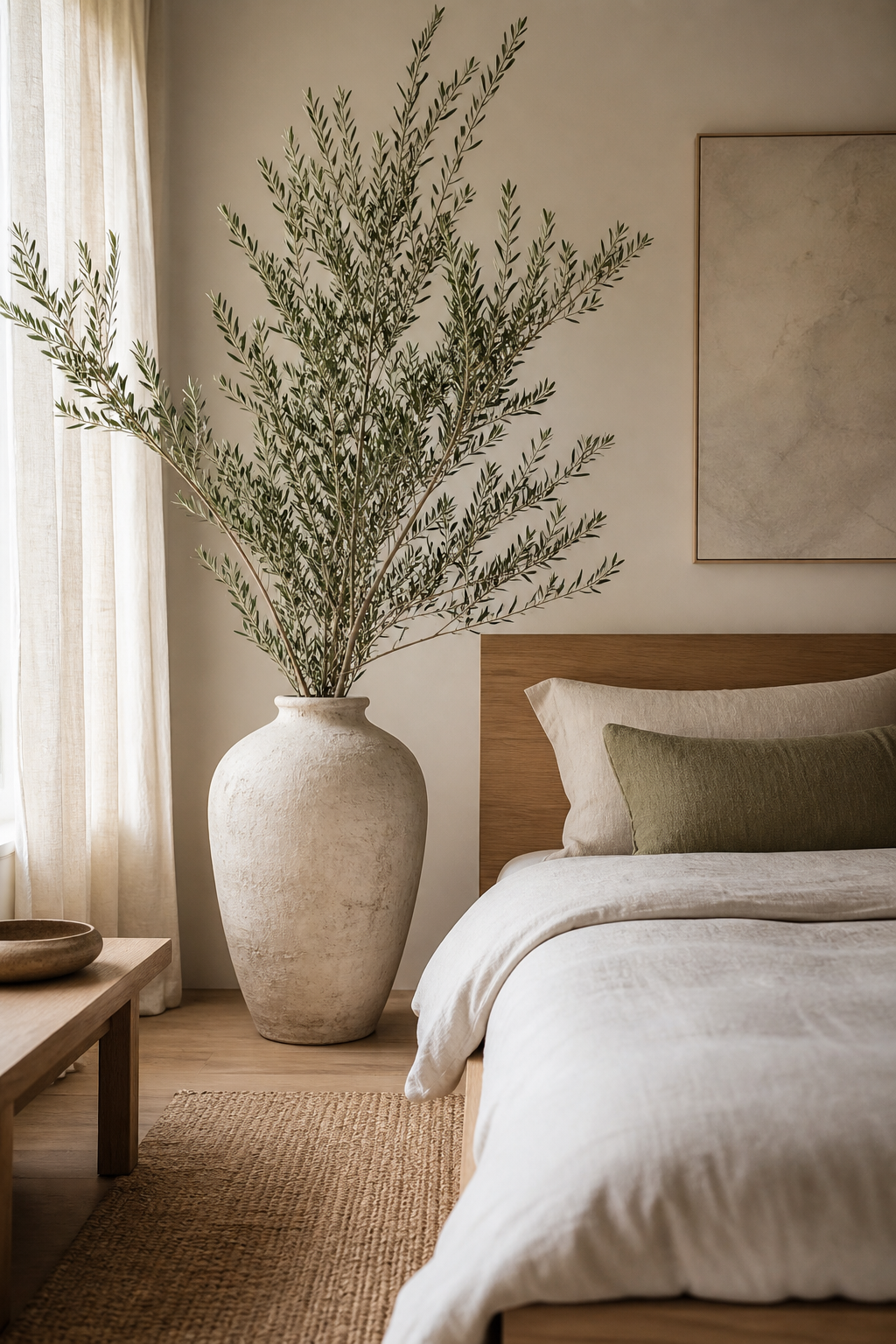 Japandi bedroom with style With Sculptural Olive Branches