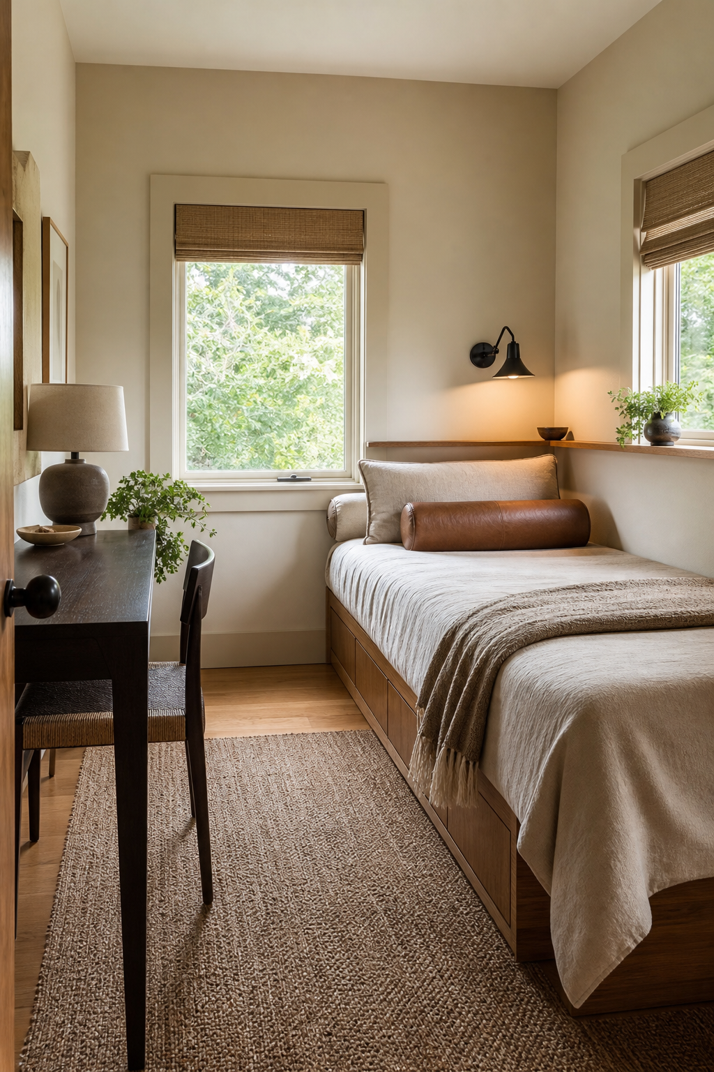 Small bedroom with twin corner bed layout, wall sconce, ledge, and open floor space
