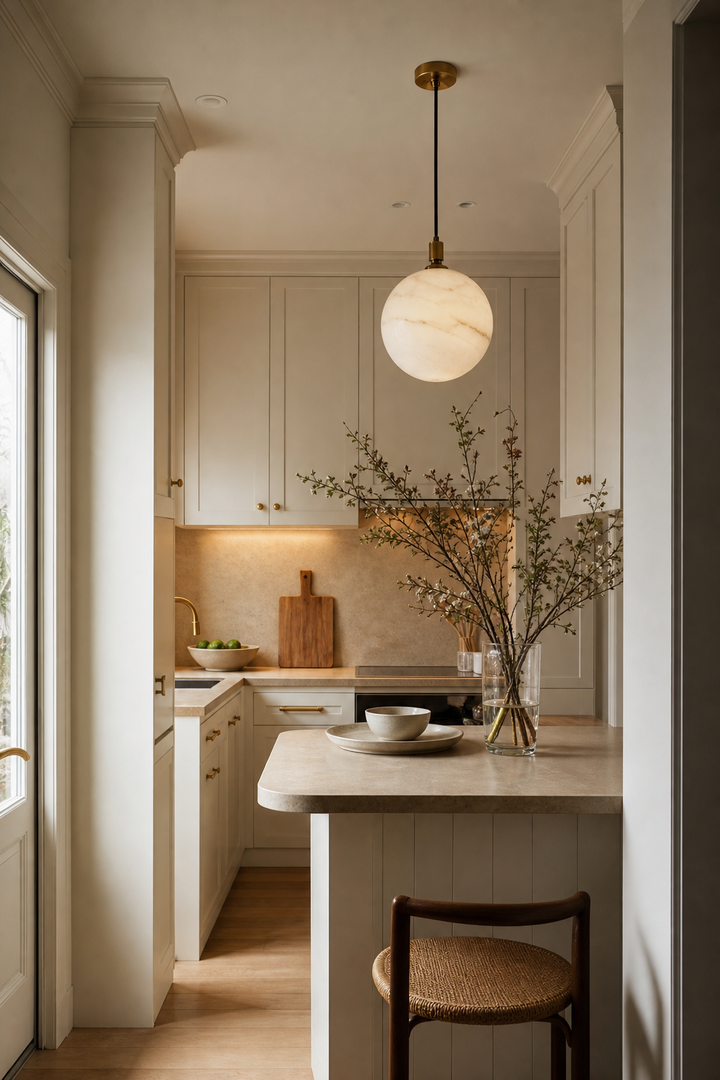 Small luxury kitchen with alabaster pendant, cream cabinetry, limestone counter, and warm lighting