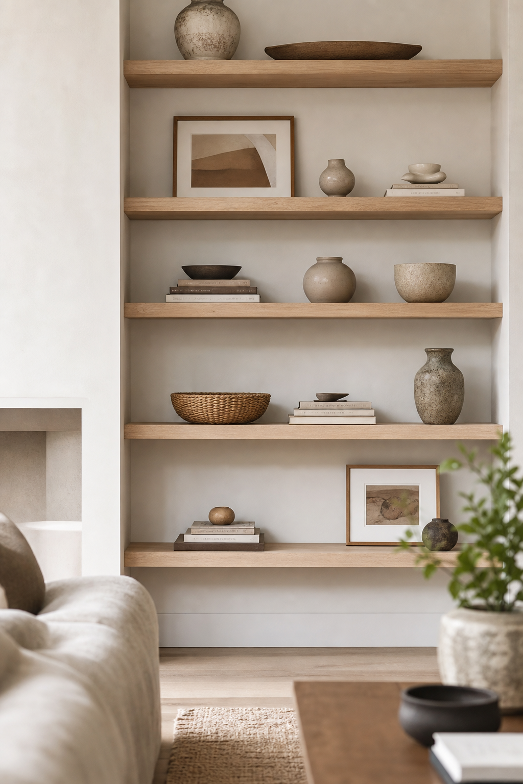 Scandinavian shelves styled with ceramics books and negative space
