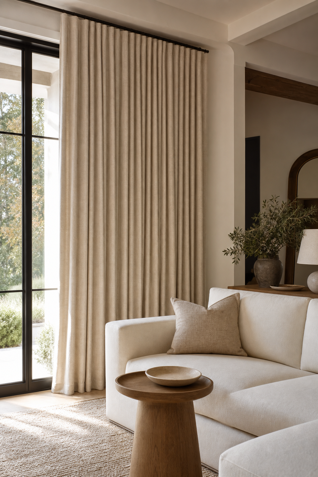 Elegant living room with full-height oatmeal linen curtains, tall windows, neutral furniture, and refined styling