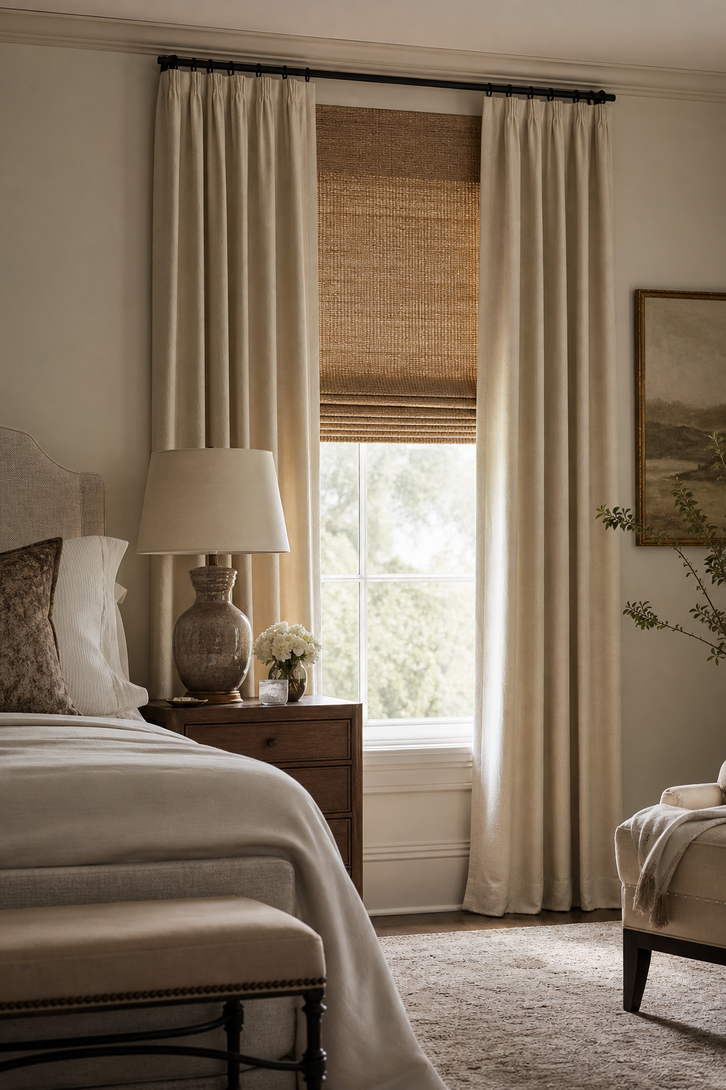 Personal bedroom with woven roman shade and linen curtains layered for privacy