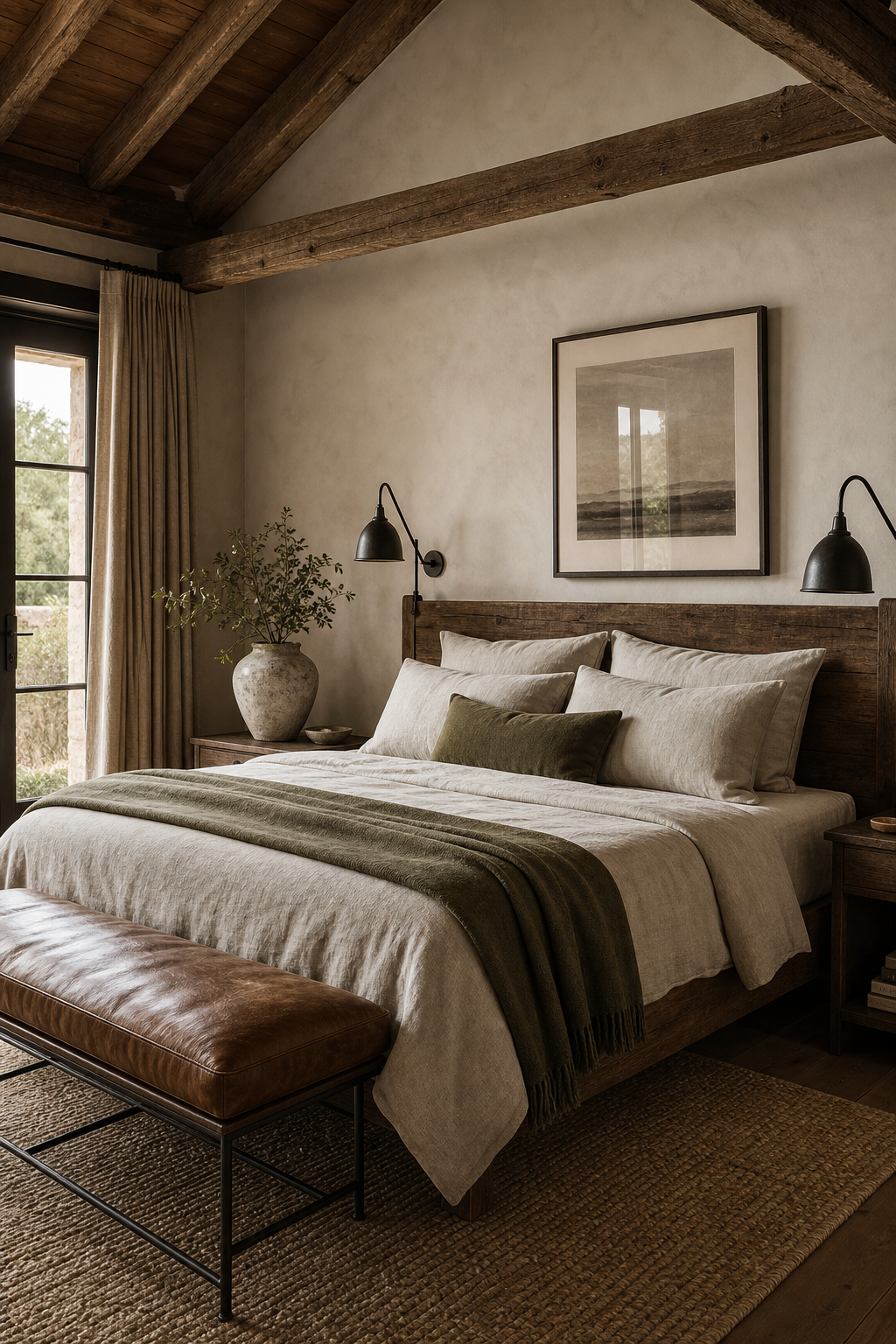 Rustic refined bedroom with exposed beams, reclaimed wood bed, and linen bedding