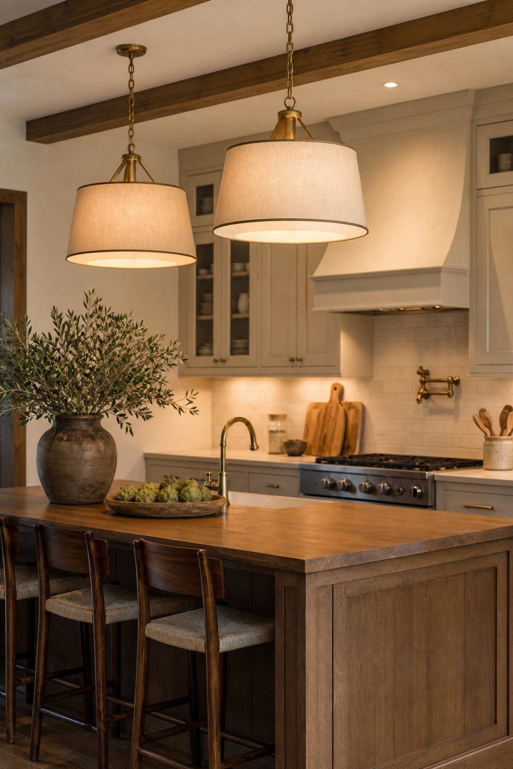 Substantial pendant lights above a modern farmhouse kitchen island