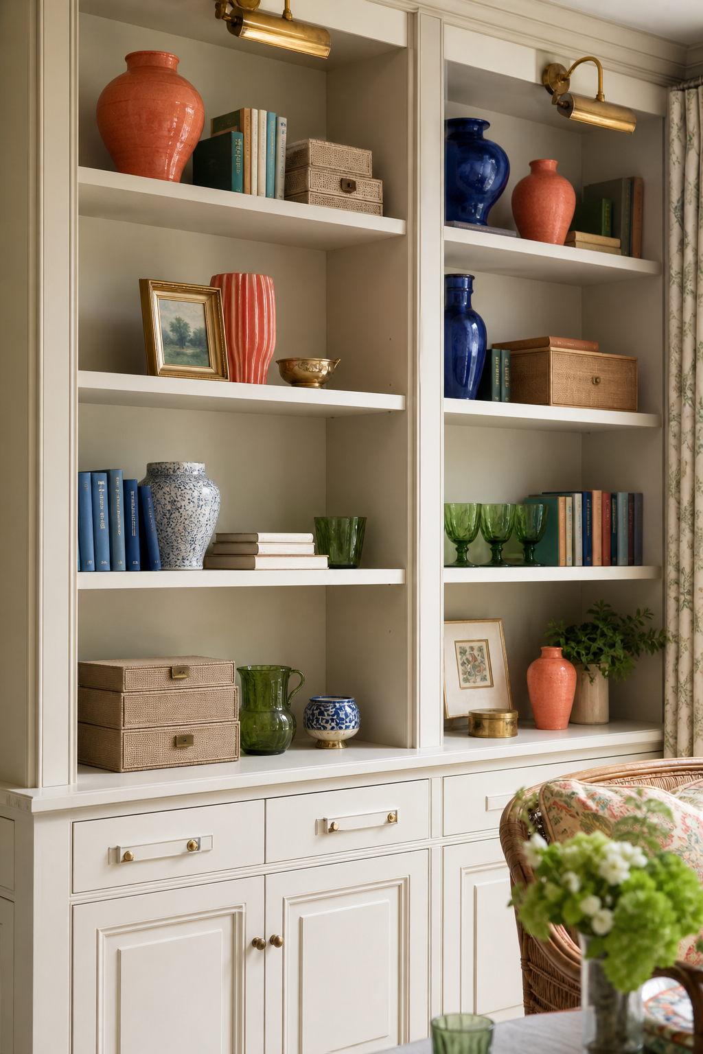 Elegant open shelves styled with colorful books, ceramics, glassware, woven boxes, and brass lights