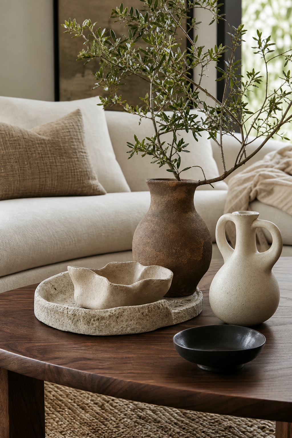 Grouped sculptural ceramics on a walnut coffee table