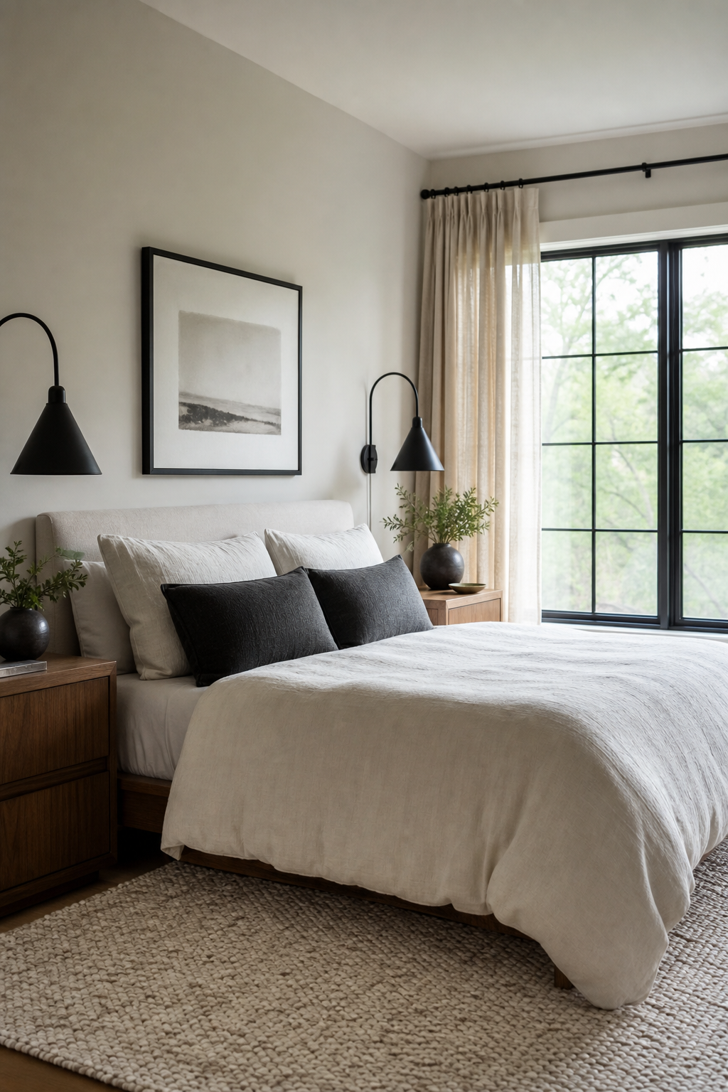 Modern bedroom with matte black accents softened by linen and warm wood